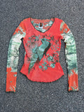 Jean Paul Gaultier Vintage 90s Bird Embroidery Printed Mesh Long Sleeve Top