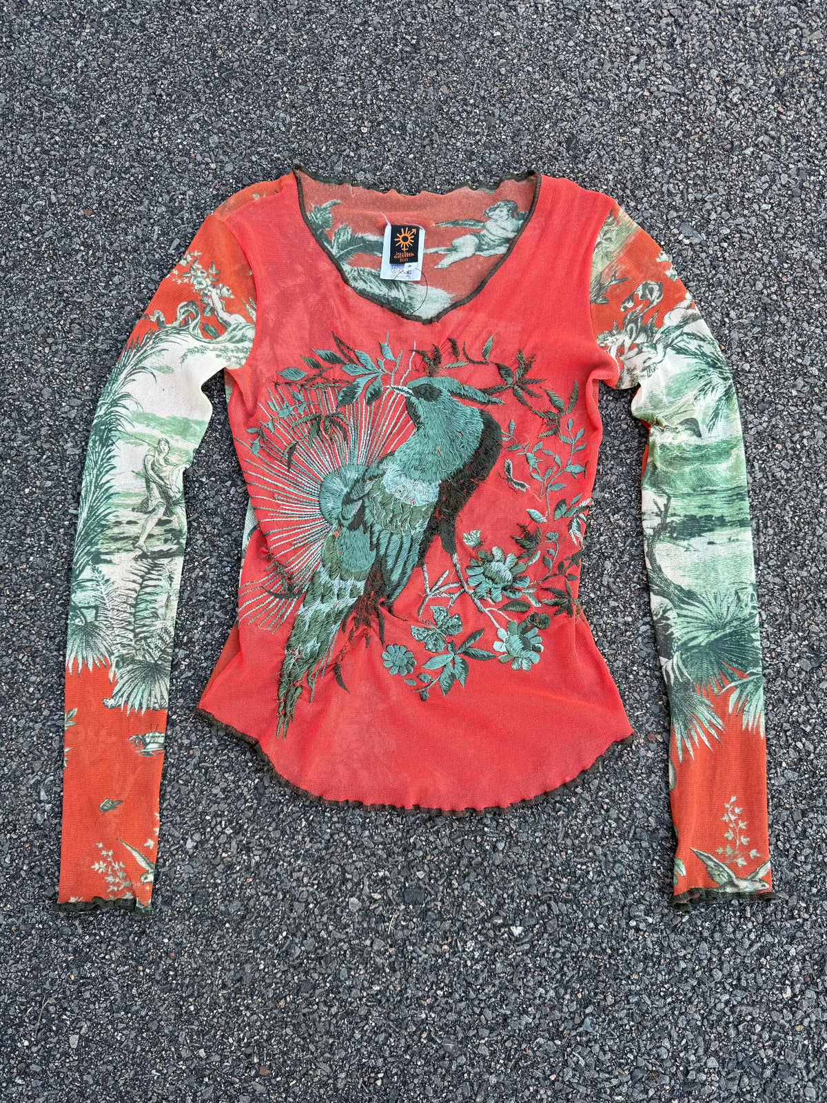 Jean Paul Gaultier Vintage 90s Bird Embroidery Printed Mesh Long Sleeve Top