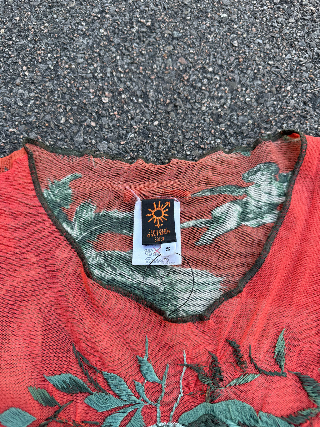 Jean Paul Gaultier Vintage 90s Bird Embroidery Printed Mesh Long Sleeve Top
