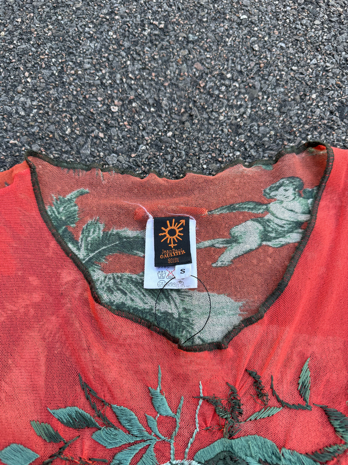 Jean Paul Gaultier Vintage 90s Bird Embroidery Printed Mesh Long Sleeve Top