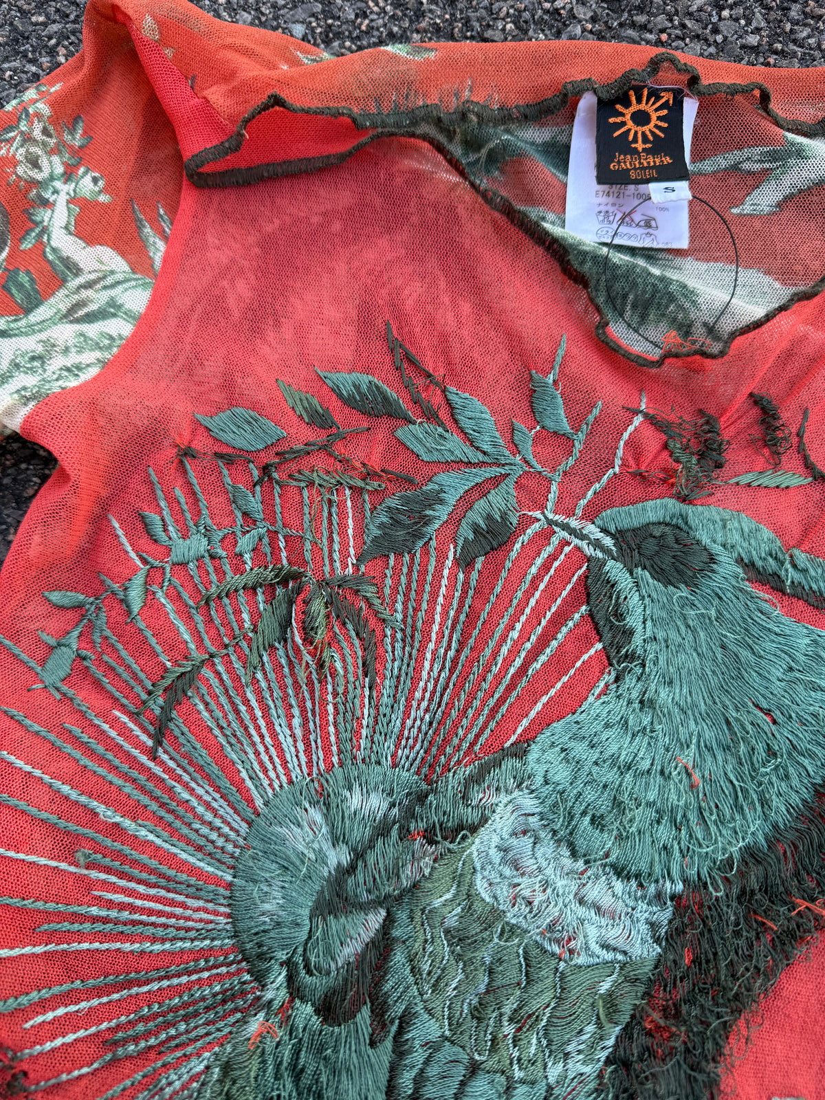 Jean Paul Gaultier Vintage 90s Bird Embroidery Printed Mesh Long Sleeve Top