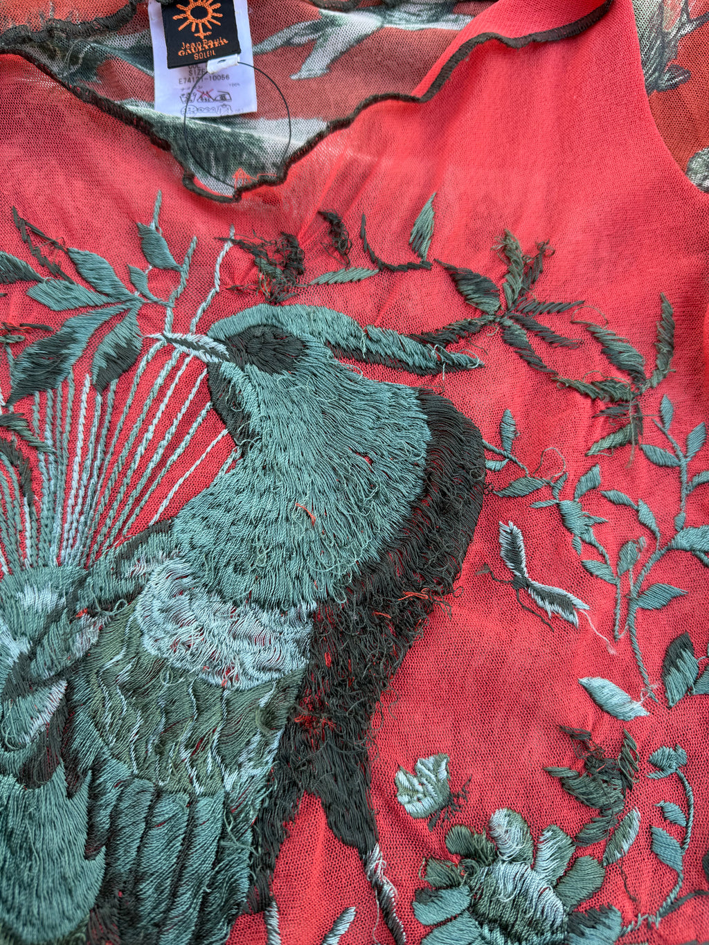 Jean Paul Gaultier Vintage 90s Bird Embroidery Printed Mesh Long Sleeve Top
