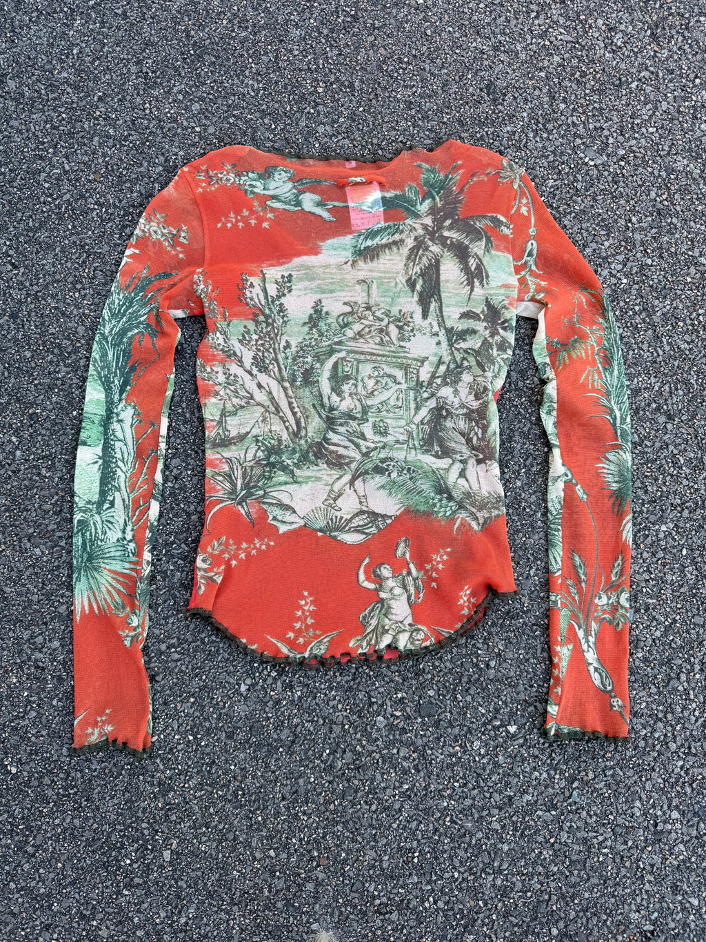 Jean Paul Gaultier Vintage 90s Bird Embroidery Printed Mesh Long Sleeve Top